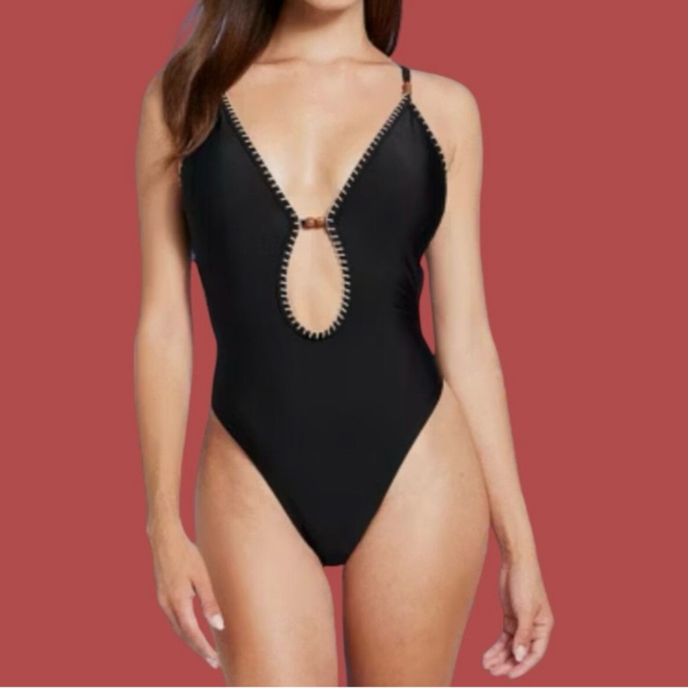 NWT-Shade & Shore Plunge Bead Detail Extra High Leg One piece bathing suit.